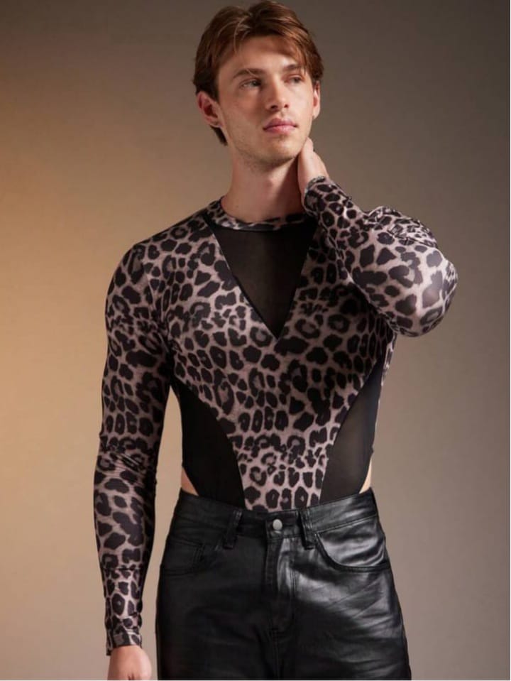 Men's Tight-Fitted Mesh Leopard Print Long Sleeve Bodysuit